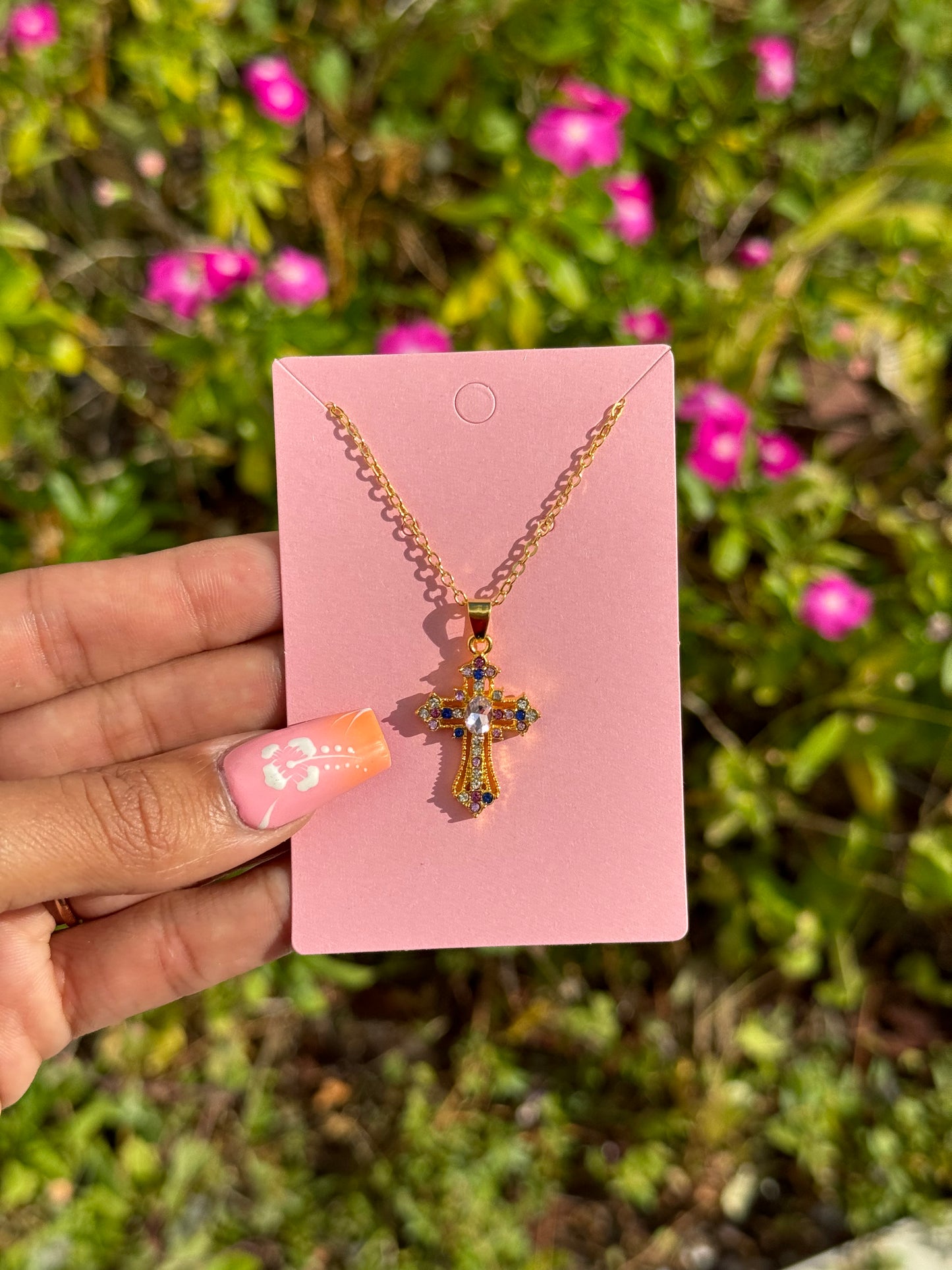 Gold & Pink Cross Necklace