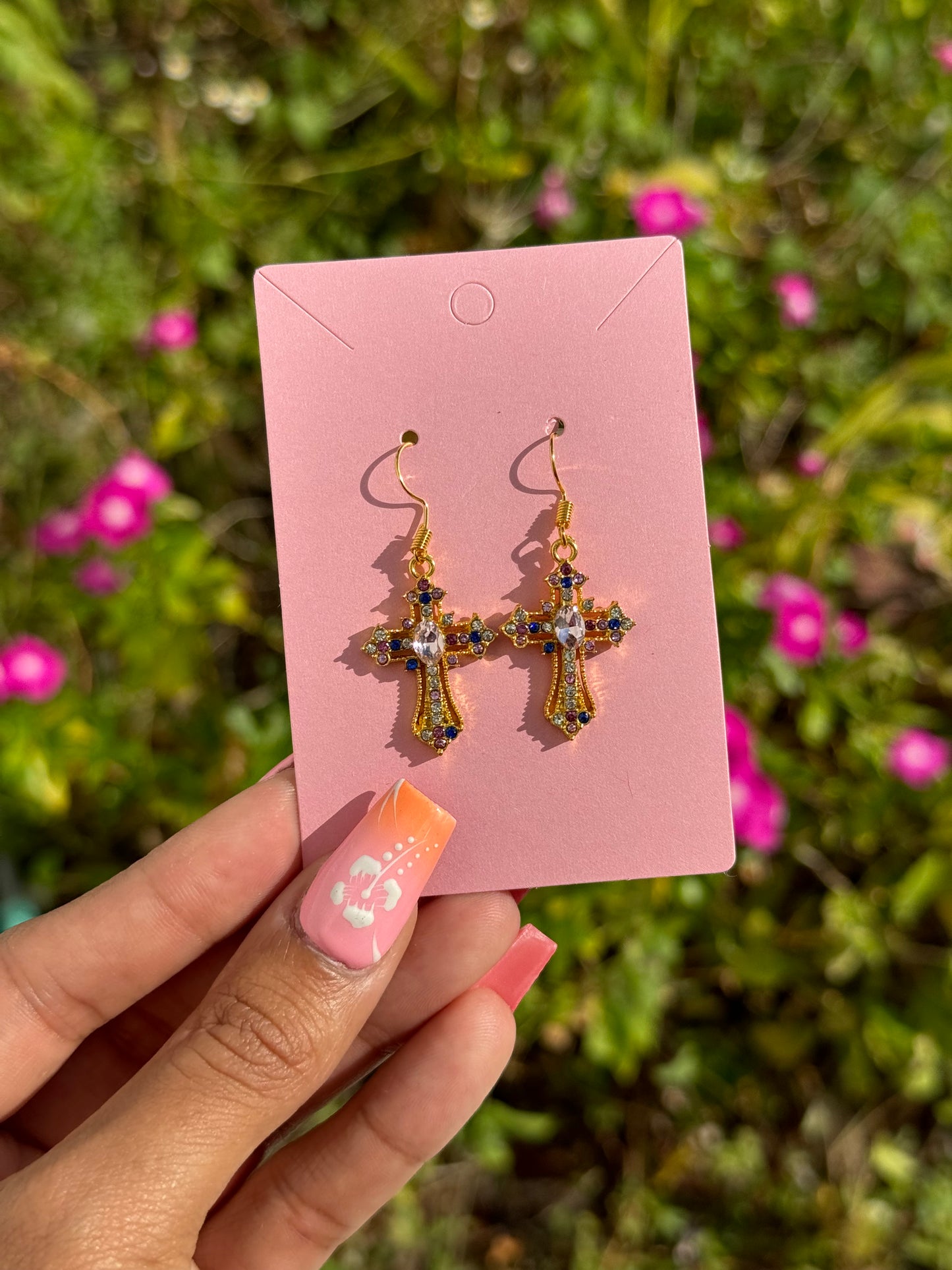 Gold & Pink Cross Earrings